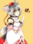  1girl ahoge animal_ears bare_shoulders blush breasts detached_sleeves hat inubashiri_momiji leaf looking_at_viewer open_mouth pom_pom_(clothes) red_eyes rosette_(roze-ko) shirt short_hair signature silver_hair skirt solo tail tokin_hat touhou wolf_ears wolf_tail 