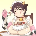  1girl :q ^_^ animal_ears apron bell blush breast_rest breasts brown_hair cake chair choker cleavage closed_eyes collarbone cow_horns elbow_gloves fake_animal_ears food food_on_face fork fruit gloves happy_birthday horns huge_breasts idolmaster idolmaster_cinderella_girls maid_headdress nash_(na-si) oikawa_shizuku pink_gloves ribbon_choker short_hair smile solo strawberry table tongue 