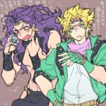  2boys blonde_hair caesar_anthonio_zeppeli cars_(jojo) cellphone facial_mark green_eyes green_jacket iphone jacket jojo_no_kimyou_na_bouken long_hair multiple_boys phone purple_hair smartphone toujou_sakana translation_request 