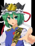  1girl absurdres crown frilled_hat frilled_sleeves frills green_eyes green_hair hat hat_ribbon highres juliet_sleeves kuyuri_y long_sleeves looking_at_viewer monochrome_background open_mouth pauldrons pointing pointing_at_viewer puffy_sleeves ribbon rod_of_remorse shikieiki_yamaxanadu solo touhou tsurime 