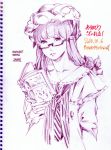  1girl artist_name bespectacled book bow crescent dated glasses hat looking_at_viewer monochrome necktie patchouli_knowledge purple_hair ribbon savan sketch solo thank_you touhou 