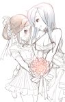 2girls alternate_hairstyle black_sclera blue_hair bouquet braid breasts bride brown_hair carol_(skullgirls) cleavage dress flower french_braid hair_down hair_flower hair_ornament hair_over_one_eye hair_rings height_difference holding_hands kimjae737 large_breasts long_hair multiple_girls painwheel_(skullgirls) red_eyes scar skullgirls small_breasts spaghetti_strap spot_color v_arms valentine_(skullgirls) wedding_dress wife_and_wife yuri 