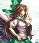  1girl breasts brown_hair cape colored_eyelashes curvy feathered_wings frills from_side green_ribbon green_skirt hair_ribbon hand_on_forehead hand_on_hip impossible_clothes large_breasts long_hair looking_away profile reiuji_utsuho ribbon skirt skirt_set solo_focus third_eye touhou umigarasu_(kitsune1963) very_long_hair wavy_hair wings 
