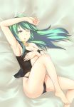  1girl armpits bangs barefoot black_panties blue_eyes breasts caam_serenity_of_gusto cleavage covering covering_breasts green_hair highres long_hair lying on_back on_bed one_eye_closed panties payot see-through solo tenpester thong topless underwear wink yuu-gi-ou 
