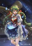  1girl ahoge braid crystal dress_shirt earrings frills green_eyes green_hair hair_ornament headdress jewelry lips long_hair night seisen_cerberus shirt skirt skirt_basket sky solo star star_(sky) star_earrings star_hair_ornament starry_sky telescope twin_braids xiaji 