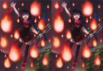  1girl 3d arm_up asymmetrical_wings black_hair black_legwear bow dress fang fire houjuu_nue ichiba_youichi mary_janes open_mouth polearm red_eyes shoes short_hair smile snake solo thigh-highs touhou weapon wings 