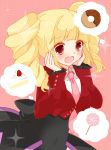  1girl :d beelzebub blonde_hair cake candy doughnut drill_hair elmab food hands_on_own_cheeks hands_on_own_face lollipop necktie open_mouth red_eyes smile sparkle stakes_of_purgatory twin_drills umineko_no_naku_koro_ni 