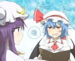  2girls ascot bat_wings bespectacled blue_hair book brooch fang glasses hat hat_ribbon jewelry mob_cap multiple_girls nobamo_pieruda open_mouth patchouli_knowledge purple_hair red_eyes remilia_scarlet ribbon squiggle tears touhou violet_eyes wavy_mouth wings 