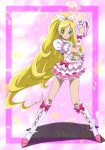  1girl blonde_hair boots bow braid cure_rhythm dual_wielding earrings fantastic_belltier french_braid frilled_skirt frills green_eyes hair_ribbon jewelry knee_boots long_hair magical_girl minamino_kanade moritakusan musical_note pink_background precure ribbon skirt smile solo standing suite_precure 