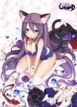  1girl animal_ears arm_support blue_eyes breasts byulzzimon cat_ears cat_tail choker cleavage flower hat long_hair mouth_hold necktie petals purple_hair school_swimsuit scissors sitting solo swimsuit tail thigh-highs very_long_hair wariza white_legwear witch_hat 