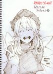  1girl artist_name bow dated hat lily_black lily_white long_hair monochrome open_mouth savan sketch smile solo thank_you touhou v wings 