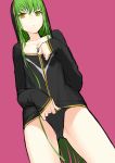  1girl black_panties breasts c.c. cleavage code_geass from_below green_hair hoodie long_hair panties pink_background robo8 simple_background sleeves_past_wrists solo underwear unzipping very_long_hair yellow_eyes 