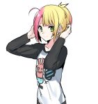  1boy ahoge alternate_hairstyle androgynous blonde_hair erubo green_eyes looking_at_viewer multicolored_hair original pink_hair simple_background smile solo theodor_bachstein trap white_background 