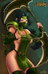  akali apron breasts fingerless_gloves gloves green_eyes kama_(weapon) kyoffie12 large_breasts league_of_legends mask naked_apron ninja ponytail sickle sideboob thigh-highs 