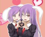  2girls animal_ears blazer blush bust dress_shirt heart heart_hands heart_hands_duo lavender_hair long_hair looking_at_viewer multiple_girls necktie open_mouth pink_eyes rabbit_ears reisen reisen_udongein_inaba shamisen_(syami_sen) shirt short_hair smile touhou 