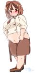 ascot big_belly blush breasts brown_hair chef_uniform dressing eno_konoe eyebrows fat frown large_breasts loafers midriff mikomu navel original red_eyes shoes skirt sleeves_rolled_up sweat thick_eyebrows 