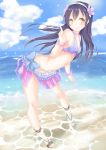  1girl blue_hair brown_eyes feet_in_water funyariko hairband highres long_hair looking_at_viewer love_live!_school_idol_project skirt smile soaking_feet solo sonoda_umi swimsuit water 