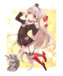  1girl amatsukaze_(kantai_collection) ayakashi_(monkeypanch) blush brown_eyes garter_straps gloves highres kantai_collection long_hair red_legwear rensouhou-kun school_uniform serafuku silver_hair single_glove solo striped striped_legwear thighhighs twintails white_gloves 