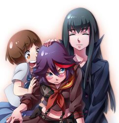  3girls black_hair blue_eyes blush brown_eyes brown_hair closed_eyes female highres kill_la_kill kiryuuin_satsuki long_hair mankanshoku_mako matoi_ryuuko midriff multiple_girls navel school_uniform senketsu serafuku short_hair smile suspenders yosui 