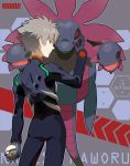  1boy ass crossover grey_hair highres hydreigon nagisa_kaworu neon_genesis_evangelion plugsuit poke_ball pokemon red_eyes rutiwa short_hair smile 