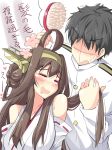  1boy 1girl admiral_(kantai_collection) ahoge bare_shoulders black_hair blush brown_hair bust closed_eyes detached_sleeves double_bun drooling faceless faceless_male flower hair_brush hair_brushing hairband headgear highres kantai_collection kongou_(kantai_collection) long_hair natsu_(anta_tte_hitoha) short_hair smile sweatdrop translation_request 