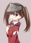 1girl artist_name brown_eyes brown_hair hand_on_own_chest japanese_clothes kantai_collection looking_at_viewer mmrailgun ribbon ryuujou_(kantai_collection) solo tears twintails visor_cap 