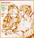  &gt;_&lt; 2girls artist_name bow bucket dated fan grin hair_bobbles hair_bow hair_ornament in_bucket in_container kisume kurodani_yamame monochrome multiple_girls ponytail savan short_hair sketch smile touhou twintails whispering 