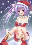  1girl :d alternate_costume alternate_hairstyle boots bow breast_hold breasts bucket cleavage elbow_gloves esureki fang gloves hair_ornament hair_ribbon hat i-19_(kantai_collection) kantai_collection looking_at_viewer name_tag open_mouth purple_hair red_gloves ribbon santa_costume santa_hat side_ponytail sitting smile snowing snowman solo tagme translation_request violet_eyes 