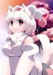  1girl :3 animal_ears bare_shoulders breasts detached_sleeves hat inubashiri_momiji large_breasts looking_at_viewer nature pom_pom_(clothes) red_eyes sarashi shirt short_hair silver_hair skirt solo tail tokin_hat touhou tree wolf_ears wolf_tail 