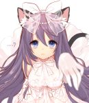 ... 1girl ? animal_ears arm_up bare_shoulders blue_eyes blurry bow breasts byulzzimon cat_ears cat_tail cleavage depth_of_field dress elbow_gloves foreshortening gloves hair_bow lace long_hair looking_at_viewer purple_hair revision simple_background solo tail tareme transparent unleashed very_long_hair wedding_dress white_background 