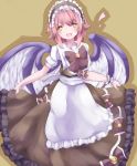  1girl :d alternate_costume alternate_eye_color animal_ears apron brown_dress dress enmaided fang frilled_dress frills highres maid mystia_lorelei non-nyo open_mouth pink_hair shadow short_hair smile solo touhou wings wrist_cuffs yellow_eyes 