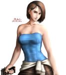  1girl bare_shoulders blue_eyes breasts brown_hair casual clothes_around_waist contrapposto dated gun jill_valentine lips pistol resident_evil resident_evil_3 short_hair skirt smile solo standing sweater_around_waist taikyokuturugi weapon 