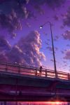  1girl bag building city clouds cloudy_sky crossed_arms from_below kaitan leaning leaning_forward light original overpass road scenery skirt sky solo street sunset 