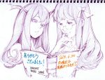  2girls artist_name bat_wings bespectacled book bow dated glasses head_wings koakuma long_hair monochrome multiple_girls no_hat open_mouth patchouli_knowledge ribbon round_glasses savan sketch thank_you touhou wings 