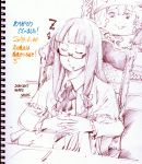 1girl artist_name bespectacled bow chair dated drooling glasses hands_clasped kirisame_marisa long_hair monochrome no_hat patchouli_knowledge picture_frame ribbon savan sketch sleeping sleeping_upright solo thank_you touhou twintails yukkuri_shiteitte_ne 