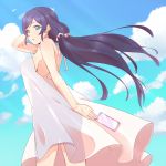 1girl bare_shoulders blue_eyes breasts clouds dress egooo hand_on_own_head long_dress long_hair looking_at_viewer love_live!_school_idol_project purple_hair sideboob sky solo toujou_nozomi twintails white_dress 