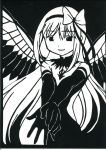  1girl absurdres akemi_homura akuma_homura bare_shoulders black_background bow choker cutout dress elbow_gloves feathered_wings gloves hair_bow highres long_hair mahou_shoujo_madoka_magica mahou_shoujo_madoka_magica_movie monochrome outstretched_arms simple_background smile solo spoilers wings 
