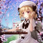  1girl blonde_hair blue_sky bow bowl chair cherry_blossoms cookie cup dress drill_hair fairy_wings food hand_in_hair hat hat_bow highres luna_child namatyaba open_mouth puffy_short_sleeves puffy_sleeves red_eyes short_sleeves sitting sky solo table teacup torii touhou tree white_dress wings 
