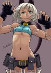  1girl animal_ears bare_shoulders black_gloves breasts cat_ears cat_tail character_name collar crop_top dark_skin fingerless_gloves fingernails gloves green_eyes grey_hair nadia_fortune navel robo8 scar sharp_fingernails short_hair short_shorts shorts simple_background skullgirls smirk solo tail under_boob 