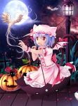  1girl bird blue_hair brick_floor cat cat_tail cross fingernails fish full_moon grass gyaza hat hat_with_ears high_heels jack-o&#039;-lantern kemonomimi_mode lamppost moon nail_polish nebula night outdoors outstretched_arm petals puffy_short_sleeves puffy_sleeves red_eyes remilia_scarlet short_hair short_sleeves skirt skirt_set sky solo star_(sky) starry_sky tail tail_bow touhou umbrella wrist_cuffs 