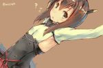  1girl ? arms_up black_eyes blush brown_hair flat_chest flying_sweatdrops headgear kantai_collection looking_at_viewer miz-capes short_hair solo sweat sweatdrop taihou_(kantai_collection) 