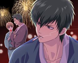  3boys black_hair brown_hair candy_apple cigarette gintama hijikata_toushirou japanese_clothes kimono kondou_isao konpane_(ohj) multiple_boys okita_sougo smoking 