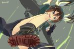  1girl black_gloves boots brown_hair convenient_leg gloves green_eyes kantai_collection long_hair miz-capes open_mouth solo tone_(kantai_collection) twintails 
