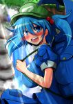  1girl backpack bag blue_eyes blue_hair blurry blush breasts buttons clenched_hand depth_of_field hair_bobbles hair_ornament hat huge_breasts kawashiro_nitori light_rays looking_at_viewer looking_over_shoulder looking_to_the_side open_mouth pocket puffy_short_sleeves puffy_sleeves rindou_(p41neko) rock short_hair short_sleeves solo strap touhou tree twintails water waterfall 