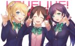  3girls :d ;d \m/ alternate_hair_color ayase_eli blazer blonde_hair blue_eyes blush bow breasts brown_hair bust closed_eyes copyright_name double_\m/ dress_shirt green_eyes hair_bow highres long_hair long_sleeves love_live!_school_idol_project low_twintails multiple_girls one_eye_closed open_mouth ponytail purple_hair scrunchie shirt sleeves_past_wrists smile toujou_nozomi twintails veryberry00 white_background wink yazawa_nico 