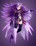  1girl character_request corruption floating gradient gradient_background gufreedom highres long_hair looking_at_viewer navel purple purple_background purple_hair smile solo super_robot_wars tagme thighs violet_eyes 