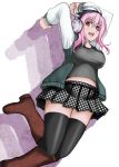  1girl blush boots breasts deni_m headphones highres jumping large_breasts long_hair looking_at_viewer navel nitroplus open_mouth pink_eyes pink_hair smile solo super_sonico thigh-highs 