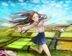  1girl blue_skirt blue_sky brown_eyes brown_hair day felt highres long_hair looking_at_viewer open_mouth running skirt sky smile solo 