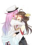 ahoge bare_shoulders blue_eyes blush brown_hair carrying detached_sleeves female_admiral_(kantai_collection) hairband hinachii japanese_clothes kantai_collection kongou_(kantai_collection) long_hair multiple_girls nontraditional_miko open_mouth personification pink_hair smile 