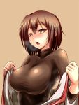  1girl breasts brown_eyes brown_hair hair_between_eyes hot hyuuga_(kantai_collection) japanese_clothes kantai_collection large_breasts looking_at_viewer loussier666 nontraditional_miko open_mouth short_hair skin_tight sweat undershirt undressing 